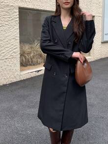 Casual Solid Color Lapel Double Breasted Jacket, Autumn - Black - View 7