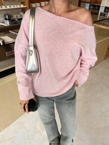 秋季女装，纯色毛衣，简约时尚气质休闲宽松套头衫，长袖大圆领落肩舒适上衣，基础款上衣，外出上衣，单肩上衣，返校季，约会之夜，感恩节，圣诞节