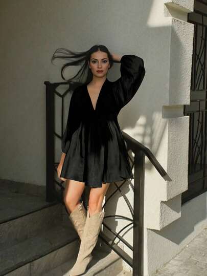 shein black dress casual Shein Curve 1X Black Chiffon Happy Length Dress VNUC Snap At Chest Modest