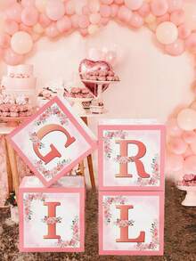 4 pezzi Scatola decorativa con palloncini per festa di nascita di bambina, decorazione elegante a tema floreale rosa per la stanza della festa di nascità, decorazione per festa di rivelazione del sesso, sfondo fotografico per festa di nascità, raffinata scatola decorativa floreale rosa, decorazione per il 1° compleanno - Fiori rosa per baby shower - Visualizzare 7