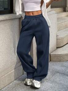Sulojter Casual Loose Solid Color Elastic Waist Sweatpants - Dusty Blue - View 1