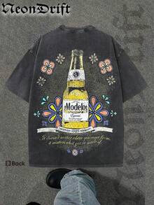 NeonDrift Double-Sided Printing Halloween, Christmas, Thanksgiving Gifts-Neon Drift Mexican Beer Bottle Graphic T-Shirt – Vintage Floral Design, Bold Colorful Print, Casual Streetwear Style For Men – Perfect For Festivals, Summer Outings & Daily Wear - 黑色 - 查看 3