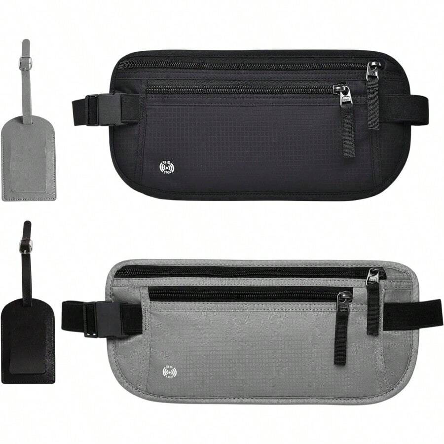 Cangurera de Viaje 2 Piezas Cinturón de Viaje con Bloqueo RFID Soporte para Pasaporte Cremallera Invisible Riñonera para Viaje Deporte Running Negro + Gris - NegroGris - Ver 1