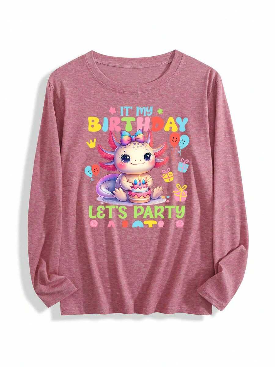 Happy Birthday Axolotl With Cake And Balloons Womens Long-Sleeve Crewneck T-Shirt - Màu Hồng  San hô - Xem 1