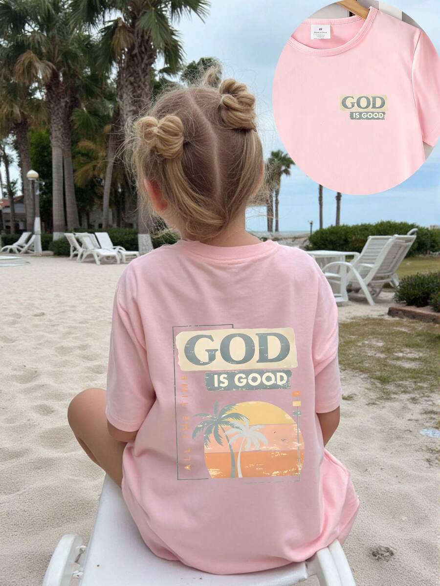 女童休闲标语印花短袖T恤,夏季 - 粉色 - 查看 1