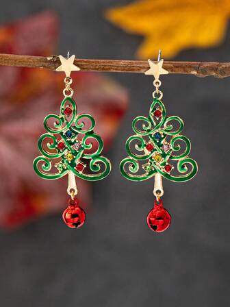 1 对 2025 圣诞树吊坠耳环，带铃铛饰物，闪亮圣诞星耳环，冬季节日珠宝礼物，适合女士和女孩