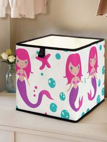 1 pieza Caja de almacenamiento abierta con estampado de sirena de dibujos animados, organizador apilable, diseño resistente y de múltiples usos que ahorra espacio para el hogar, dormitorio, organización del hogar, almacenamiento debajo de la cama