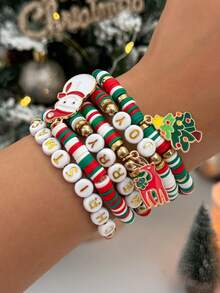 Juego de 6/7 piezas de pulsera de arcilla polimérica multicapa con elementos navideños coloridos y cuentas con letras, pulsera personalizada con colgante creativo de árbol de Navidad, muñeco de nieve y ciervo, pulsera elástica con diseño de Papá Noel y gorro/zapato de Papá Noel, adecuado para uso diario, citas, fiestas y regalos festivos para mujeres