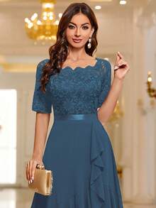 MIUSOL Boat Neck Floral Lace Paneled Ruffle Hem Cocktail Party Swing Dress - Dusty Blue - View 9