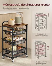 Carrito de Almacenaje de 4 Niveles, con Cestas Extraíbles, Estante de Cocina con Ruedas y Asa, 31,7 x 40 x 76 cm, Marrón Rústico y Negro Tinta - Negro - Ver 1