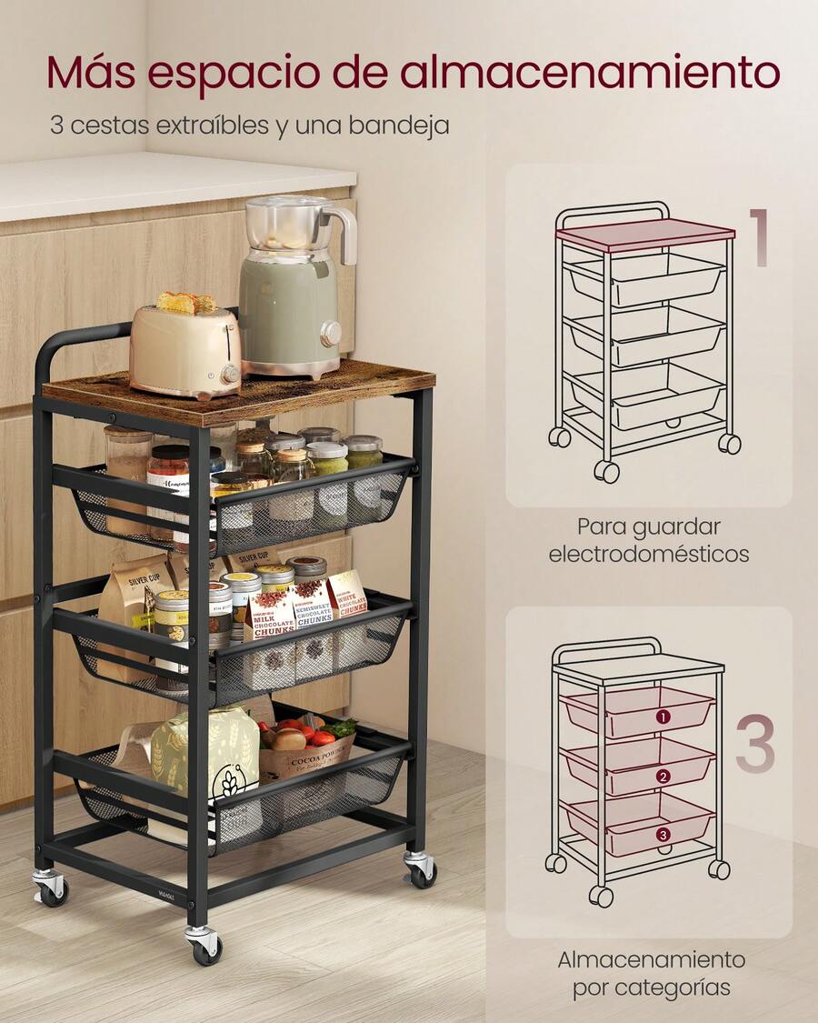Carrito de Almacenaje de 4 Niveles, con Cestas Extraíbles, Estante de Cocina con Ruedas y Asa, 31,7 x 40 x 76 cm, Marrón Rústico y Negro Tinta - Negro - Ver 1
