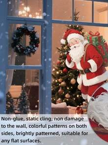 1 pièce Autocollant de fenêtre statique Père Noël, Décoration de Noël à fixation statique, avec motif Père Noël et cadeau, sans résidu, autocollant amovible pour porte et fenêtre de la maison, facile à appliquer, en matériau PVC, décoration de Noël, convient pour la décoration de Noël, les cadeaux de Noël, la décoration de la maison pour Noël, la décoration saisonnière, les fournitures pour fête de Noël, la décoration intérieure pour les fêtes, des fournitures de décoration de Noël parfaites