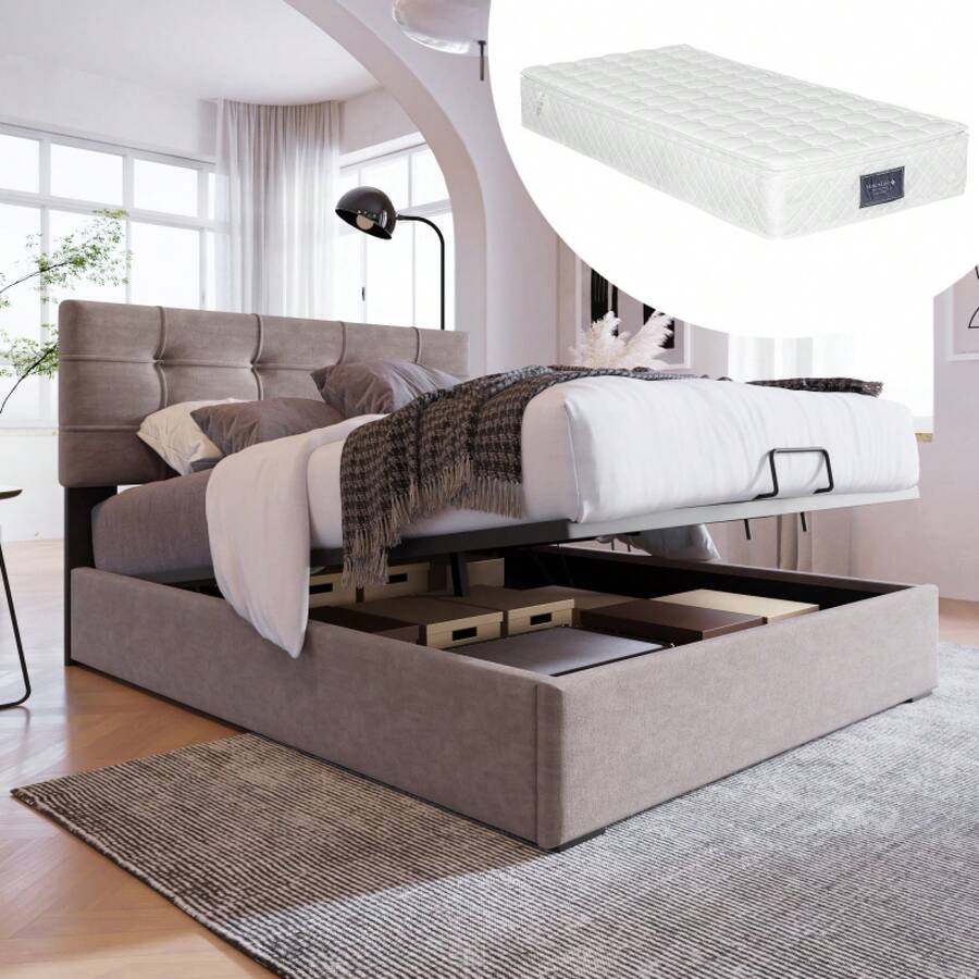 Hydraulic Single Upholstered Bed 90x200cm, Adjustable Headboard, Bed With Metal Slatted Frame, Velvet, Modern Bed Frame With Storage Space, Light Grey (Mattress Included) - LIGHT GREY + Velvet + 90cm*200cm - View 1