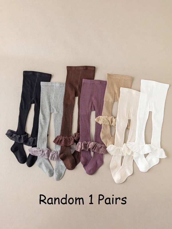 Random 1 Pair Of Girls' Pantyhose, Spring And Autumn Styles, Children's Leggings, Princess Style, Retro Style, Antique Lace, Baby Girl's High Elasticity, Waist Less, And Short Pants