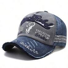 1Pc Vintage Distressed Washed Cotton 3D Bull Skull Letter Embroidery Baseball Cap Hats For Men Outdoor Street Daily Wear ﻿ - A - View 18