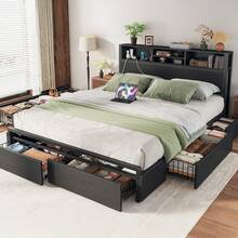 Estructura de cama de metal con 6 cajones de almacenamiento y estación de carga. Plataforma de cama con cabecera con librero. Sin ruido, sin necesidad de somieres. - Negro - Ver 5