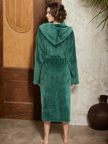 Flannel Plain Weave Hooded Bathrobe, Soft, Comfortable, And Warm Women's Nightgown, Short-Length Terry Cloth Shawl-Collar Bathrobe - 綠色 - 查看 4