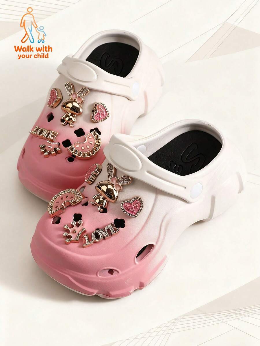 Walk With Your Child 1 Pair 1 Pair Of Thick-Soled EVA Waterproof And Anti-Slip Sandals For Girls With Gradient Colors In Pinkish-Red And White, Round Toes And Beautiful Golden Rabbit Decorations, Children's Golden Rabbit Pattern Breathable And Anti-Slip Sandals, Rhinestone-Encrusted Heart-Shaped Accessories - Baby Pink - View 1