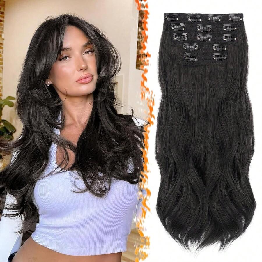 FESHFEN Clip-In Extensions, 50 Cm Wavy Clip-In Hair Extensions Blonde For Women, 5 Pieces, Natural Hair Extensions, Synthetic Hairpiece, Hair Extensions - 黑棕色 - 查看 1