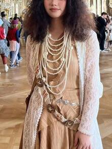 1 Set Women's Fashionable Exaggerated Pearl Decor Necklace, Long Body Chain, Earrings Suit, Elegant Accessories Necklace Round Bead European And American Pearl Necklace New Exaggerated Multi-Layer Collarbone Fashion Retro Versatile Temperament Sweater Jewelry - Pearl Long Necklace Set - View 5