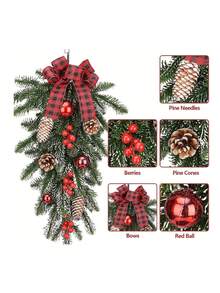 1pc Artificial Christmas Teardrop Swag, 21.6 Inch Christmas Pine Cones Red Berries Swag Decoration, Green Pine Needles Balls Teardrop Swag, For Window Wall Fireplace Decor, Home Outdoor Decor Decor, Room Door Decor,Christmas Decorations, Theme Party Decor Home Decor Room Decor - Multicolor - View 7