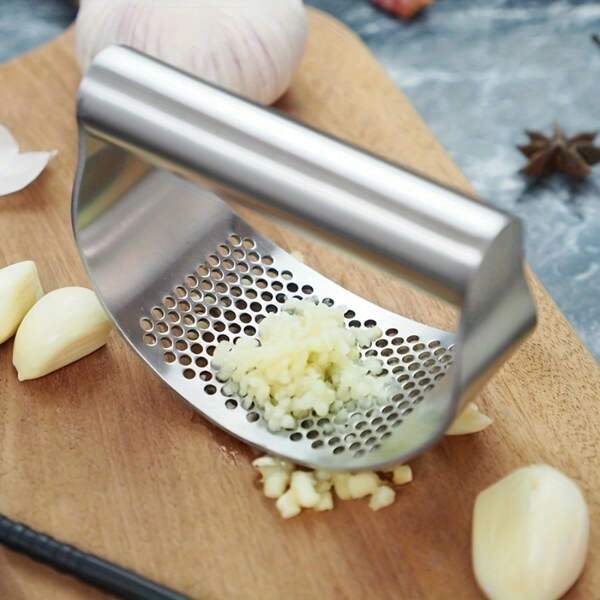 Stainless Steel Garlic Press - Ergonomic Hand Crusher And Grinder For The Home Kitchen, Easy To Use Curved Design, Makes Perfect Garlic Paste