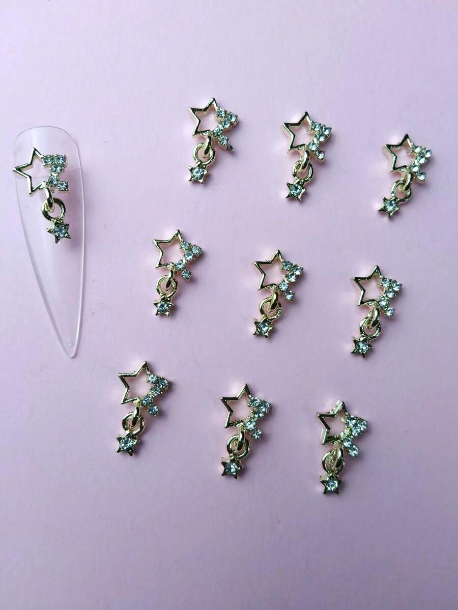 10 pezzi/confezione Decorazioni per unghie in stile giapponese con charms a forma di pentagramma in lega e strass, accessori fai-da-te per decorazione unghie