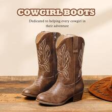 Girls LightBrown Classic Embroidered Cowgirl Boots Mid Calf Pointed Toe Western Cowboy Boots With Zipper And Pull Tab For Toddler Little Big Kids Horse Riding Party Daily Wear - 淺棕 - 查看 5