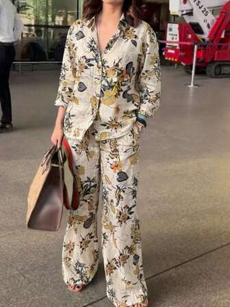 2pcs Vintage Print Set, Comfortable & Versatile, With Lapel Wide-Leg Pants; Suitable For Airport, Island Vacation Or Daily Shopping