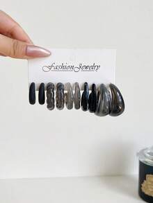 5 件/套黑色迷你 C 型耳环，时尚经典风格珠宝套装，适合女性日常佩戴 - 黑色 - 查看 4