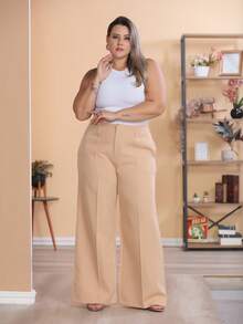 Plus Size Wide Leg Pants, New Fashion Tailored Fabric - 米色 - 查看 2