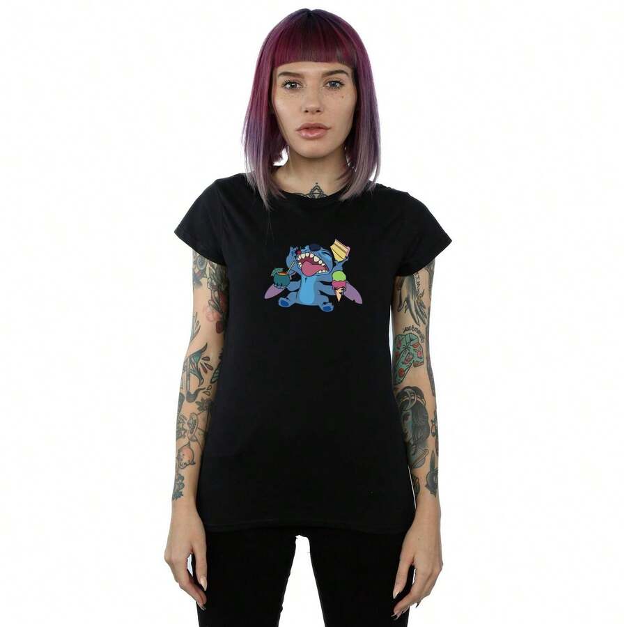 Disney Womens/Ladies Lilo And Stitch Munchies Cotton TShirt (Black) - Coffee Brown - View 1