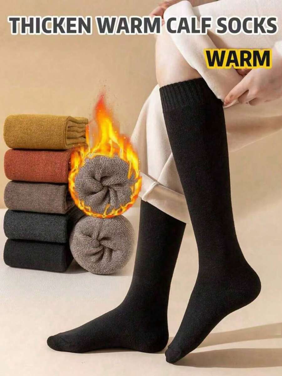1/3 双装女士加厚保暖过膝袜，柔软透气纯色毛圈小腿袜，冬季保暖（尺码偏小），舒适袜子 - 彩色 - 查看 1