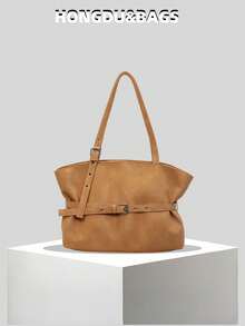 Women's Large Capacity One Shoulder Tote Bag, Strap Decor Retro Bucket Bag, Popular Vintage Solid Color Suede Matte, Suitable For Travel, Shopping, Commuting, Versatile