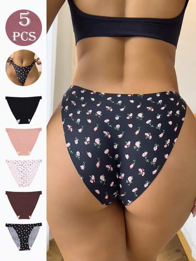 5pcs/Pack Women's Romantic Elastic Printed Thong Panties, Multicolor