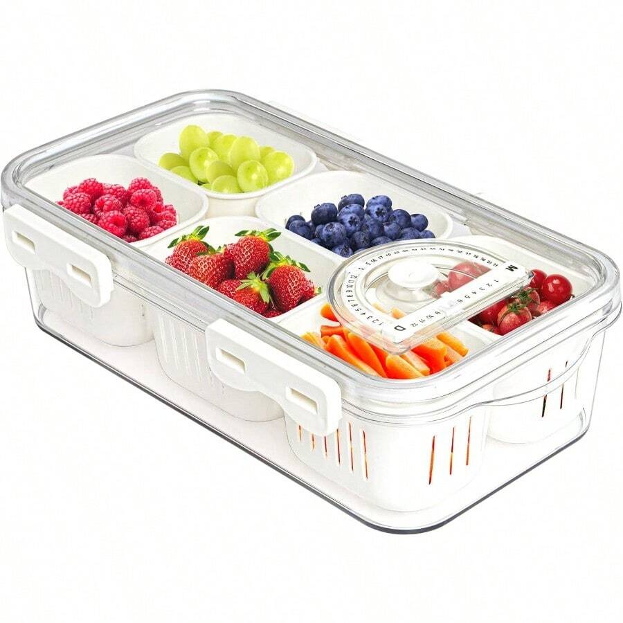 MineSign 2Pack Divided Snackle Box With Lids Stackable Food Serving Tray For FruitandVeggie Plastic Fridge Storage Container For Pantry Freezer Clear Snack Box For Meal Prep Candy Nuts Spice - 1 包,含 6 個隔層 - 查看 1