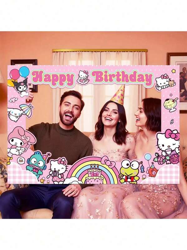 Sanrio 1 Stück Hello Kitty Themen Fotorahmen Fotorequisiten Polyester Farbdruck Selfie Fotorahmen, süßes Kuromi Cinnamoroll My Melody Design, geeignet für Geburtstage, Jahrestage, Weihnachten und andere Feierlichkeiten