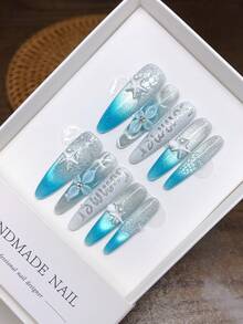 10 片纯手工可穿戴指甲，长椭圆形指甲形状，手绘 3D 浮雕，蓝色渐变猫眼热带风格假日，按压式指甲按压式丙烯酸秋季指甲 - 彩色 - 查看 6