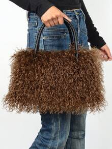 Women's Plush Handbag, Plush Large Capacity Shoulder Bag, New Fashion Faux Fur Bag With Zipper Closure, 11 Colors (White, Black, Caramel, Blue, Orange, Rose Red, Green, Korean Pink, Khaki, Dark Gray, Violet) Fashion Matching,  Handbag, Soft Texture, Casual Wear - 焦糖色 - 查看 4