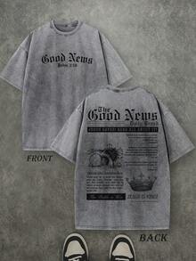 Retro Washed T-Shirt Double Sided Printed (230 Pure Cotton T-Shirt) 'The Good News,  JESUS IS KING!'  Letter And Crown Pattern Print, Men's T-Shirt, Men's Casual, Comfortable, Fashionable T-Shirt, Street Style Cotton - Xám - Xem 1