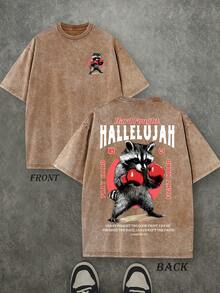 Retro Washed T-Shirt Double Sided Printed (230 Pure Cotton T-Shirt) 'HARD FOUGHT HALLELUJAH'  Letter And Boxing Pattern Print, Mens TShirt, Mens Shirt Casual, Comfortable, Fashionable T-Shirt, Street Style Cotton - 咖啡棕 - 查看 1