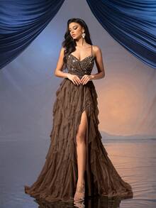 Đầm dạ hội lãng mạn QOQ, thích hợp cho đám cưới, tiệc cocktail, dạ hội từ thiện, v.v. Đầm lưới đính sequin hở lưng màu trơn, thích hợp cho tiệc mùa xuân. - Cà phê nâu - Xem 6