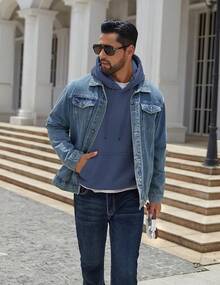 Men Cotton Fleece Hooded Sweatshirt Casual Long Sleeve Hoodies Pullover Fashion Drawstring Hoodie With Kanga Pocket - 藏蓝色 - 查看 4