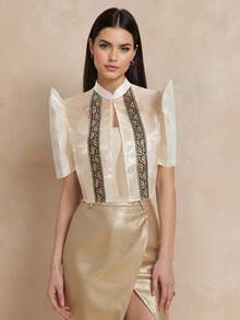 Amyenjoylife 现代菲律宾传统上衣，菲律宾传统蝴蝶袖上衣，女士优雅印花泡泡袖短袖衬衫上衣，女士波莱罗式菲律宾传统上衣，香槟色上衣 - 香檳色 - 查看 4