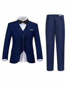 Bộ vest tuxedo màu xanh hải quân 5 món cho bé trai, bao gồm áo đuôi tôm, áo gile, quần tây, áo sơ mi và cà vạt, thích hợp cho tiệc sinh nhật, tiệc chiêu đãi, đám cưới, lễ rửa tội và kỷ niệm của bé trai, cỡ 3-10 tuổi. - Màu xanh hải quân - Xem 7