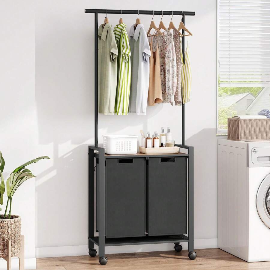 Laundry Sorter With Wheels,Rolling Laundry Hamper With Hanging Bar,2-Section Laundry Basket Organizer With Removable Bags,Dirty Clothes Hampers For Laundry Bedroom Bathroom - 2 bolsas - Ver 1