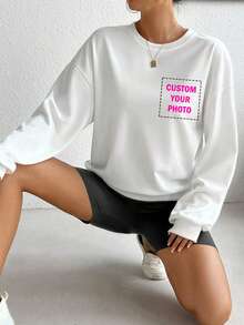 Personalisierte Geschenke, personalisierte Damen Rundhals Sweatshirts, personalisiert vorne und hinten, fügen Sie Ihre Fotos hinzu (Muster/Logos/Familienfotos/Selfies/Haustiere/Paar), Sie können Text und Fotos auf der Rückseite hinzufügen, wählen Sie Ihren Lieblingstext, individualisieren Sie Sweatshirts, entwerfen Sie Ihre eigenen personalisierten bedruckten Sweatshirts als Geschenke für Freundinnen, Paar-Sweatshirts usw. Weiß - Weiss - Übersicht 2