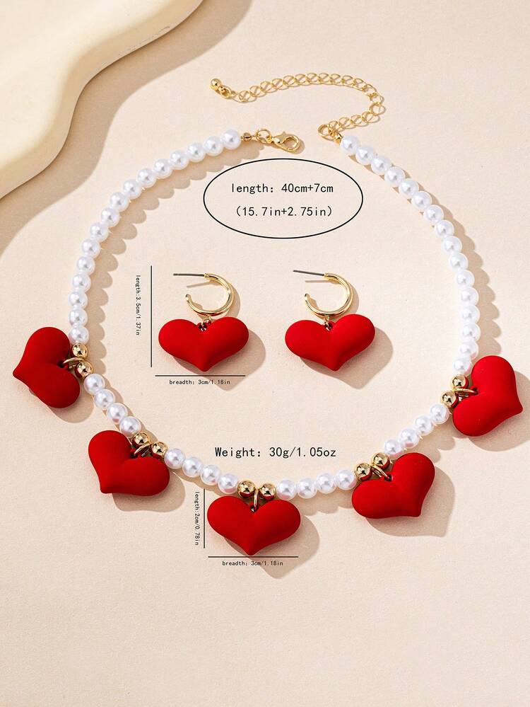Collar con colgante de corazón rojo de metal con perlas, estilo fashionable y apropiado para uso diario y atuendos festivos, regalo de aretes y collares para mujeres - Rojo - Añade 4