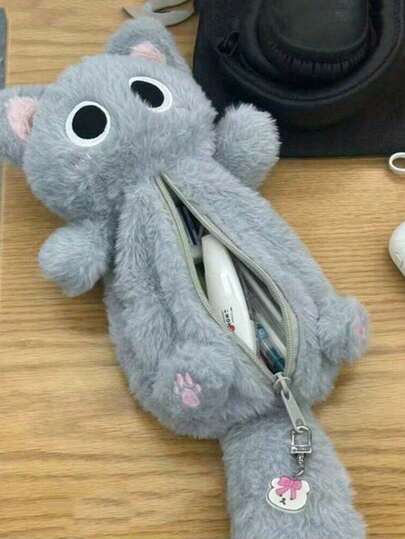 1 pieza Estuche de lápices de peluche de gato gris de gran capacidad - Estuche de lápices de poliéster suave y grueso con diseño de dibujos animados lindos, perfecto para almacenar útiles escolares y de oficina, bolsa de lápices de gatito, útiles escolares, útiles de oficina, útiles escolares para niñas