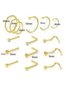 15 pezzi Anelli per il naso in oro 20g, set di piercing per il naso per donne e uomini, ipoallergenici in acciaio inossidabile per elice, cartilagine, daith, tragus, orecchini a cerchio, forma a L/a vite/diritti per piercing al corpo reale - Piercing al naso - Visualizzare 14
